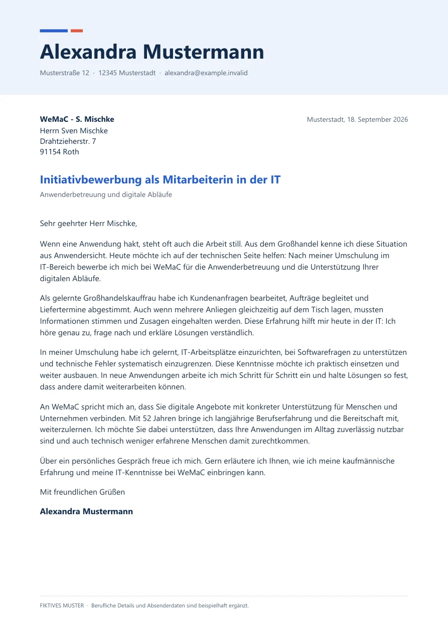 Anschreiben: ausgefülltes fiktives Beispiel